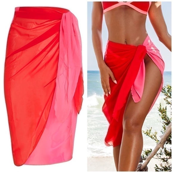 Pretty Little Thing Pink Red Split Color Sarong Skirt Swim Coverup Size 12 Large - Picture 1 of 5